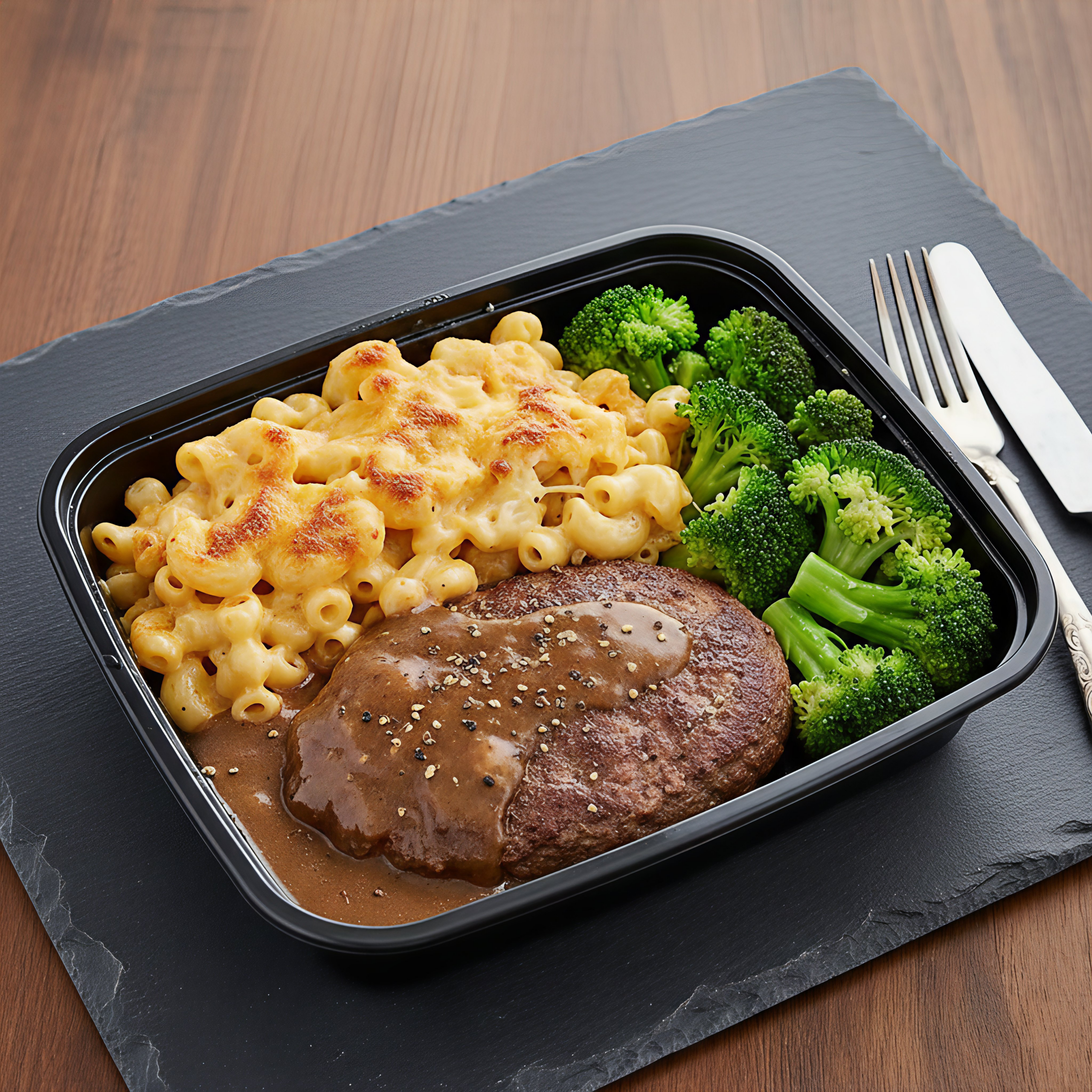 Hamburger Steak & Brown Gravy with Steamed Broccoli and 5-Cheese Macaroni