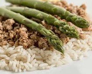 Spicy Ground Turkey with Cilantro-Lime Brown Rice and Roasted Asparagus Spears