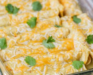 Sour Cream Chicken Enchiladas with Refried Beans and Mexican Brown Rice