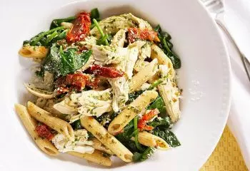 Lemon-Garlic Chicken Penne with Pesto and Spinach