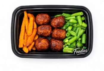 FIT - BBQ Chicken Meatballs with Baked Sweet Potato Fries and Green Beans FIT - BBQ Chicken Meatballs with Baked Sweet Potato Fries and Green Beans