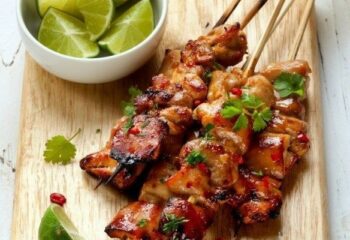 Grilled Chili-Lime Chicken Skewers with Fiesta Mexican Rice and Charro Beans