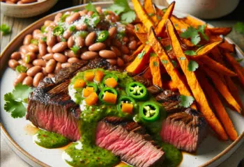 Chipotle Flank Steak & Jalapeno-Pineapple Sauce with Sweet Potato Fries and Ranch Beans