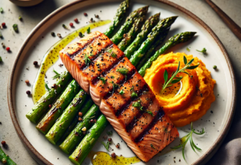 FIT Weight Loss Plan - Grilled Black Cherry Chipotle Salmon with Roasted Asparagus and Sweet Potato Mash